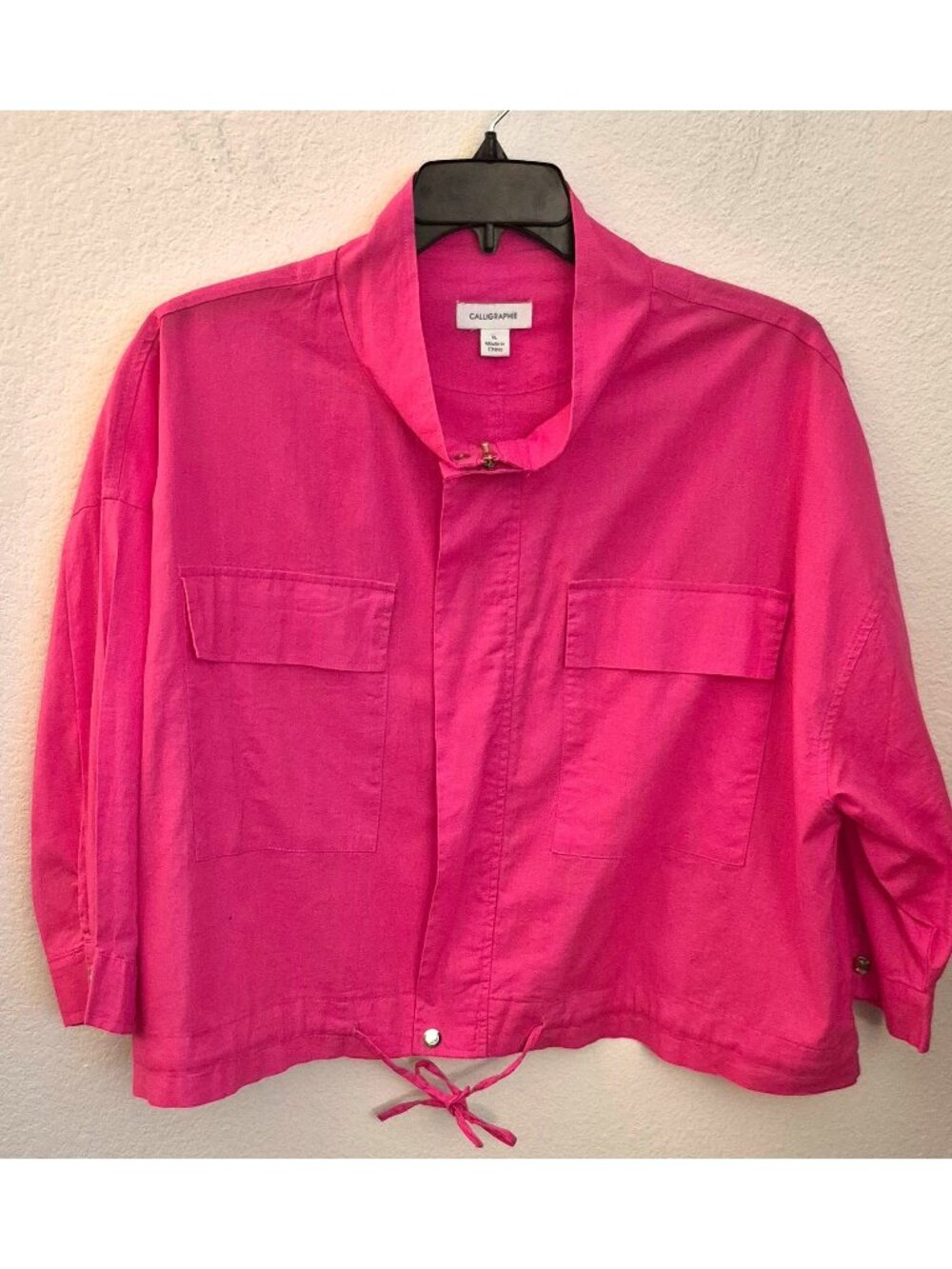 Calligraphie Bright Pink Linen/Cotton Gold tone Zipper 3/4th Sleeve XL EUC